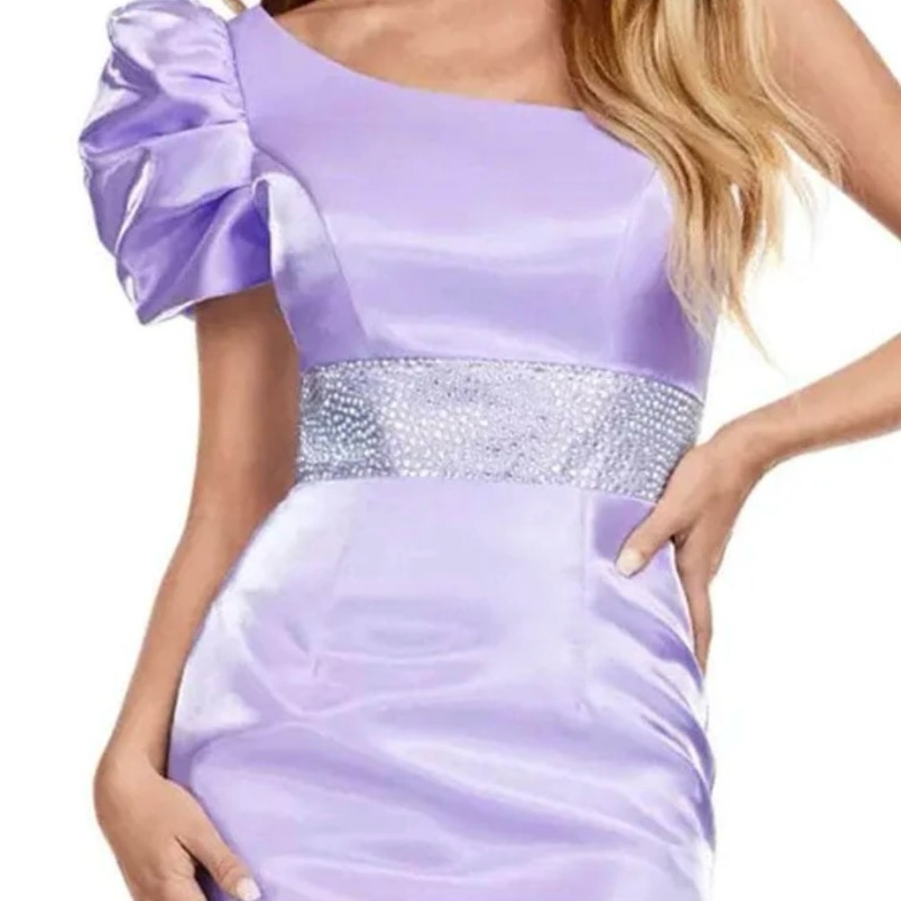Purple One Shoulder Dress with Cap Sleeve and Fitted Bodice